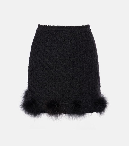 Feather-trimmed knitted miniskirt
