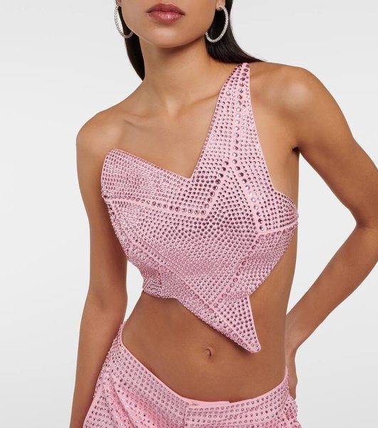 Asymmetric embellished jersey crop top