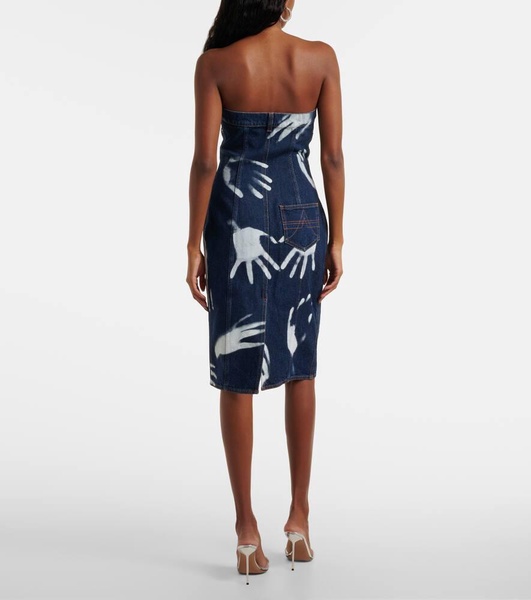 Printed strapless denim midi dress