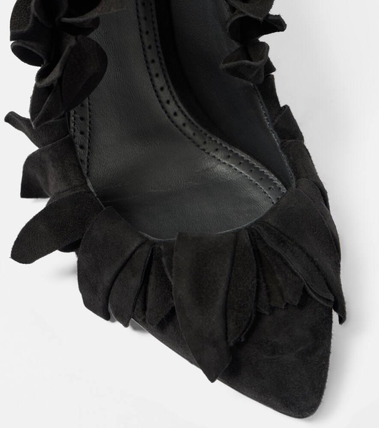 Petal ruffled suede pumps