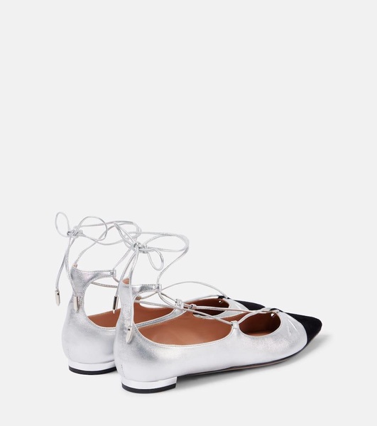Gabi suede-trimmed metallic leather flats