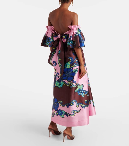 Floral off-shoulder satin maxi dress 