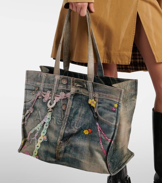 Large denim-effect printed canvas shopper