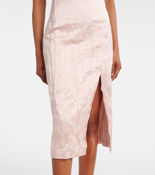 Floral-appliqué satin midi dress
