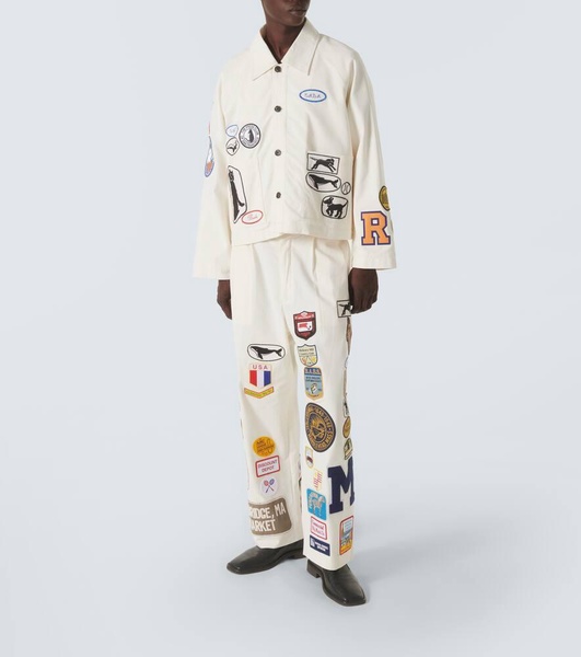 Cambridge patch-appliqué cotton canvas wide-leg pants