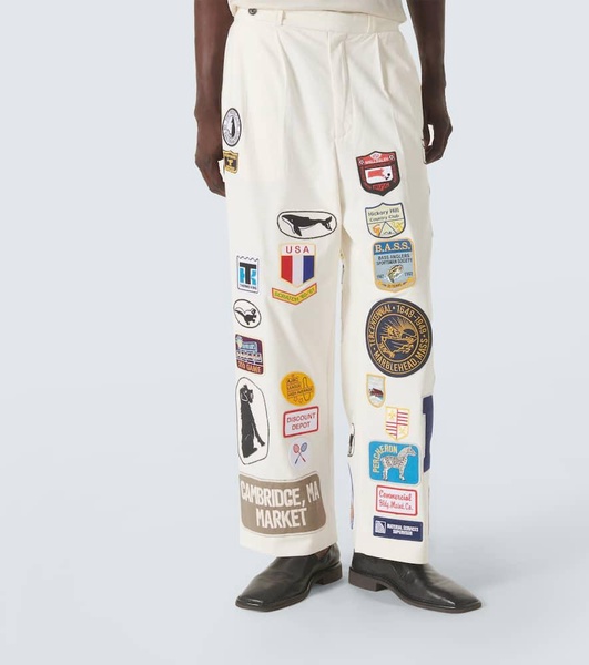 Cambridge patch-appliqué cotton canvas wide-leg pants