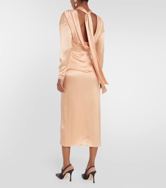 Tie-neck silk satin midi dress
