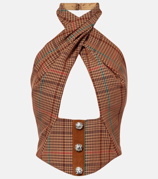 Checked halterneck wool-blend top