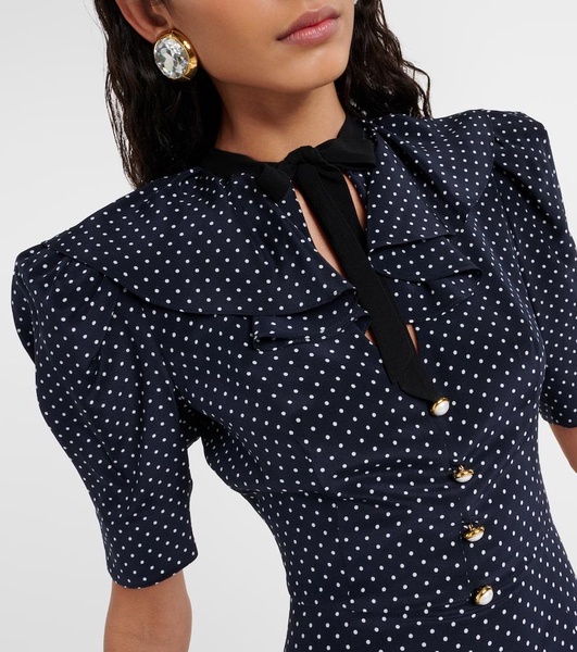 Polka-dot puff-sleeve silk midi dress