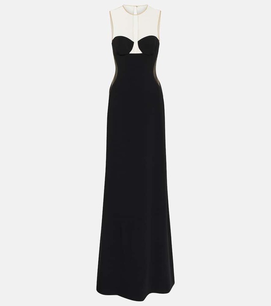 Mesh-paneled crêpe gown