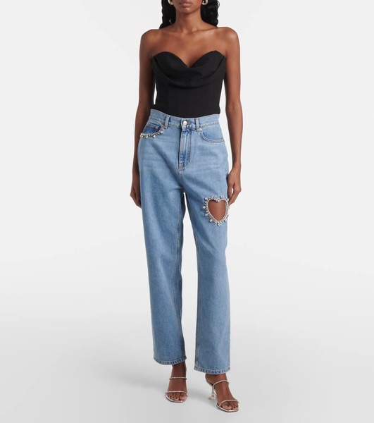 Crystal-embellished cutout straight jeans
