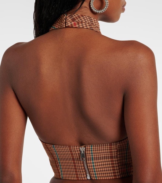 Checked halterneck wool-blend top