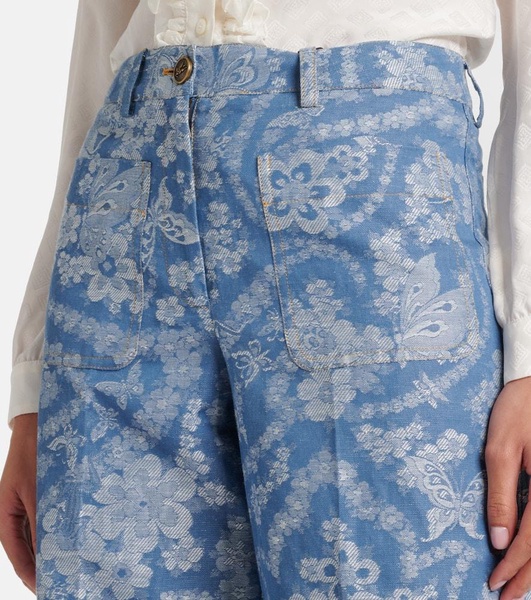 Printed cotton and linen wide-leg pants
