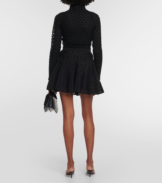 High-rise wool-blend open-knit miniskirt