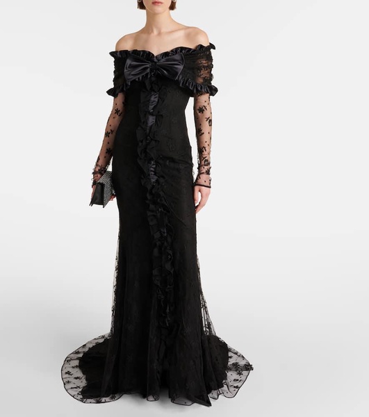 Bow-detail ruffled off-shoulder lace gown