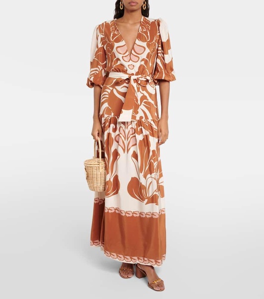 Printed puff-sleeve silk maxi dress
