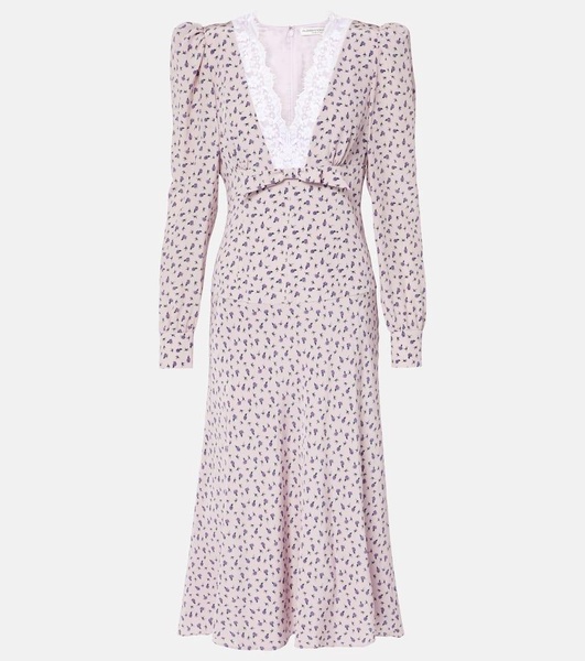 Floral lace-trimmed silk midi dress