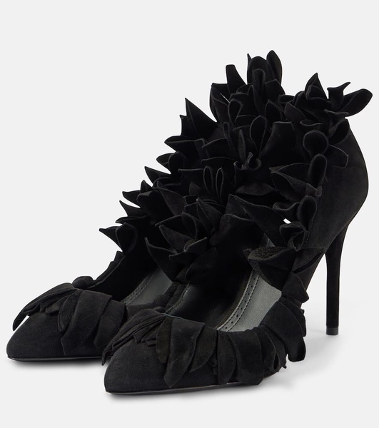 Petal ruffled suede pumps