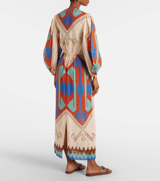 Printed tie-detail linen midi dress