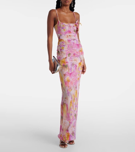 Floral-appliqué printed jersey maxi dress