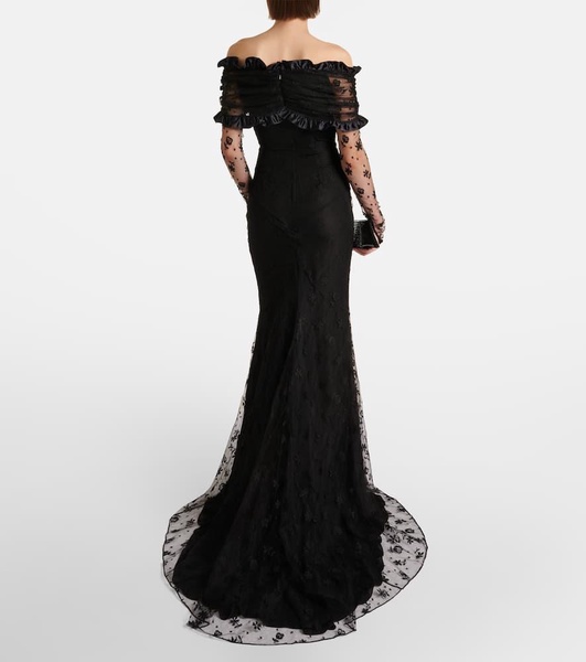 Bow-detail ruffled off-shoulder lace gown