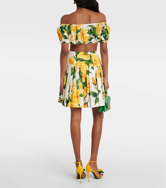 Floral pleated cotton poplin miniskirt