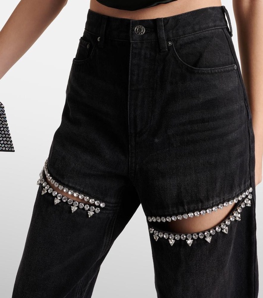 Embellished cutout straight jeans