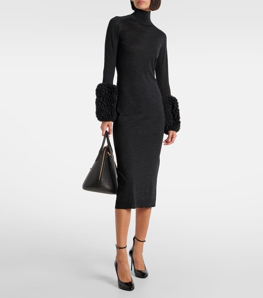 Faux shearling-trimmed virgin wool midi dress