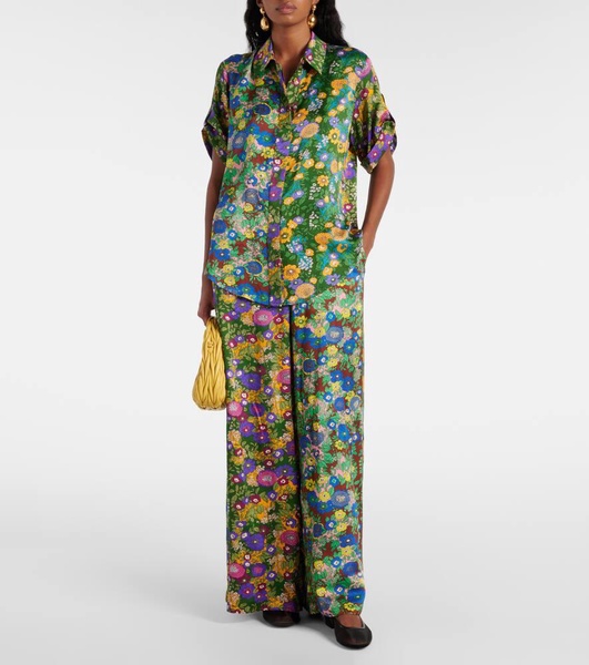 Printed silk satin wide-leg pants