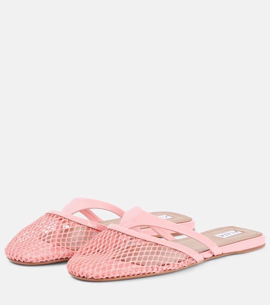 Patent leather-trimmed fishnet mules