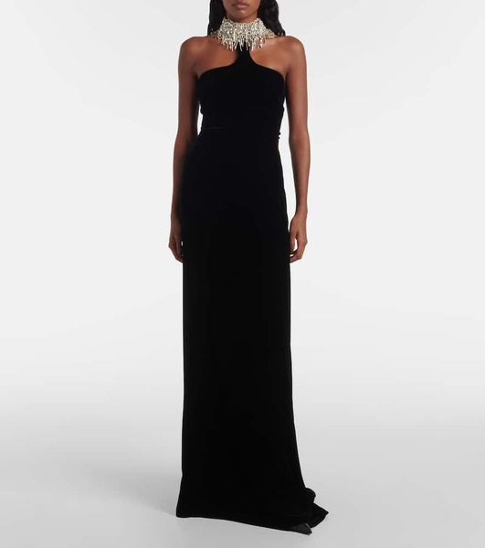 Embroidered velvet gown