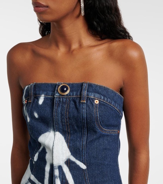 Printed strapless denim midi dress