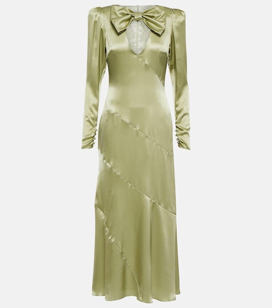 Silk satin midi dress w/ bow & cutout