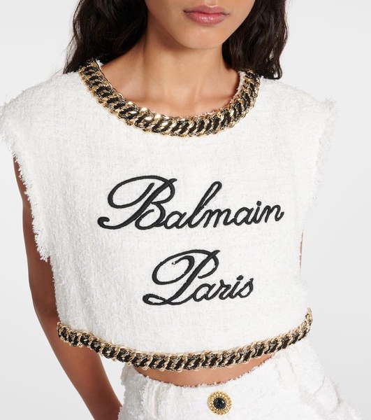 Logo chain-detail tweed crop top