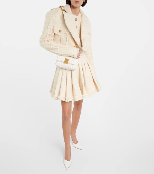 Cotton-blend tweed pleated skirt