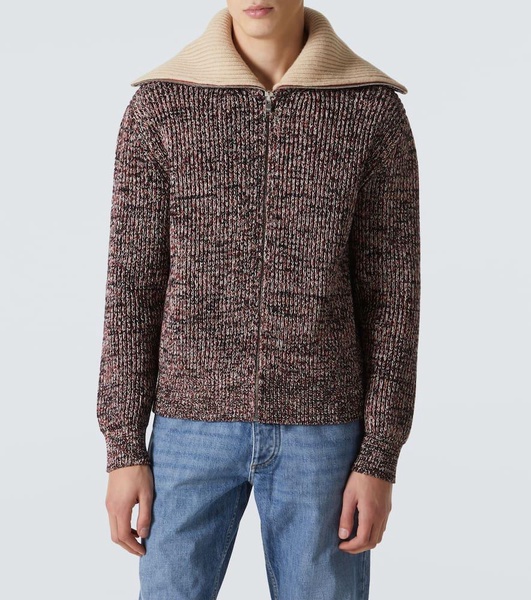 Ribbed-knit cotton and wool zip-up sweater