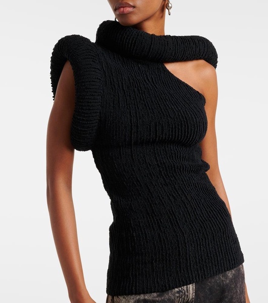 Asymmetric knitted wool-blend top