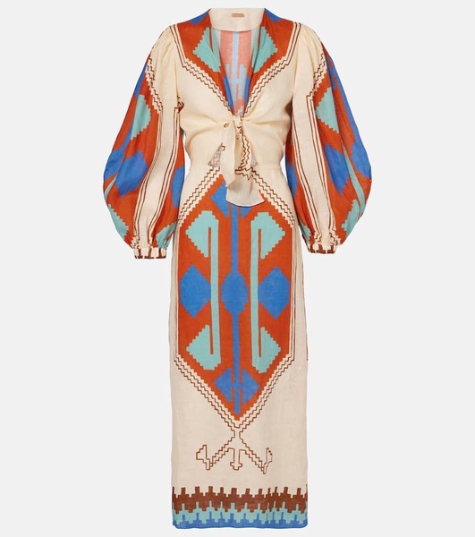 Printed tie-detail linen midi dress