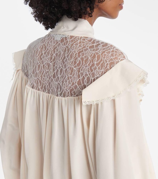 Bow-detail lace-trimmed silk blouse