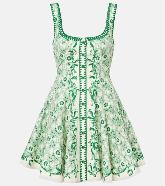 Olive printed linen and cotton minidress