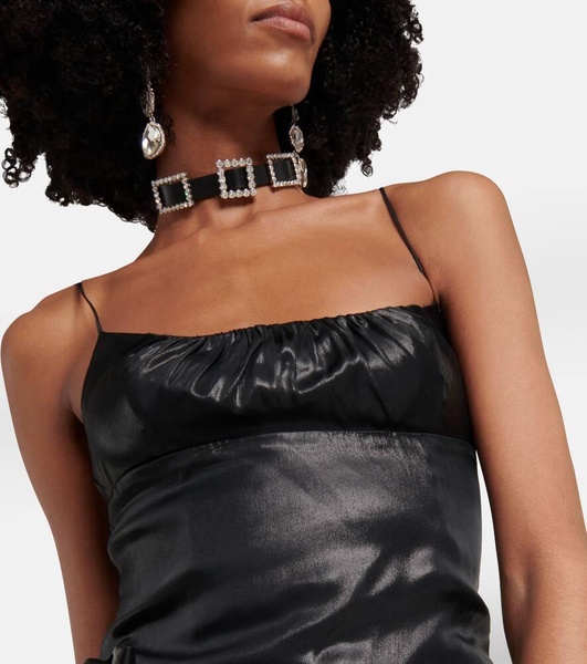 Laminated silk blend mini dress w/volant