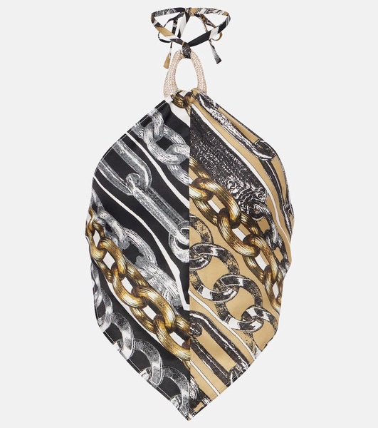 Printed embellished halter-neck crop top