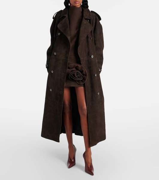 Double-breasted suede trench coat