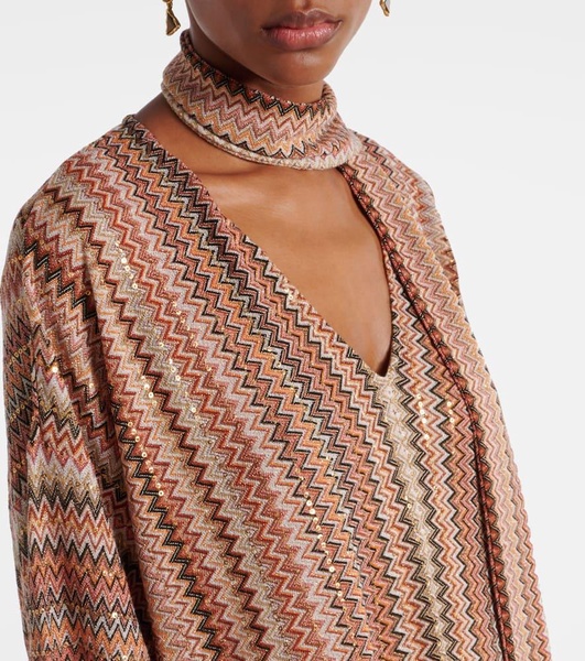Zigzag sequined fringed lamé kaftan