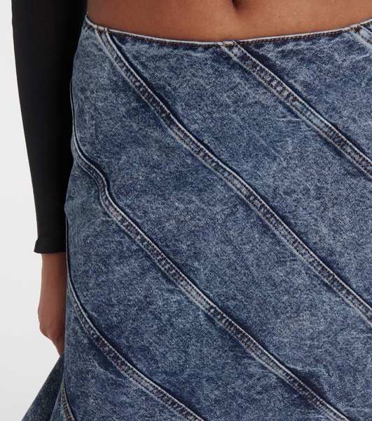 Spiral asymmetric denim midi skirt