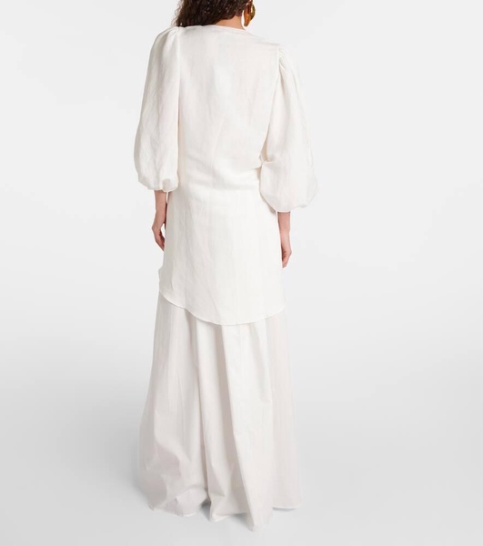 Puff-sleeve linen-blend blouse