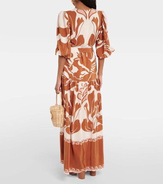 Printed puff-sleeve silk maxi dress