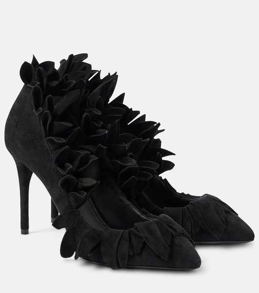 Petal ruffled suede pumps