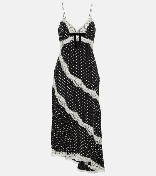 Lace-trimmed polka-dot silk midi dress