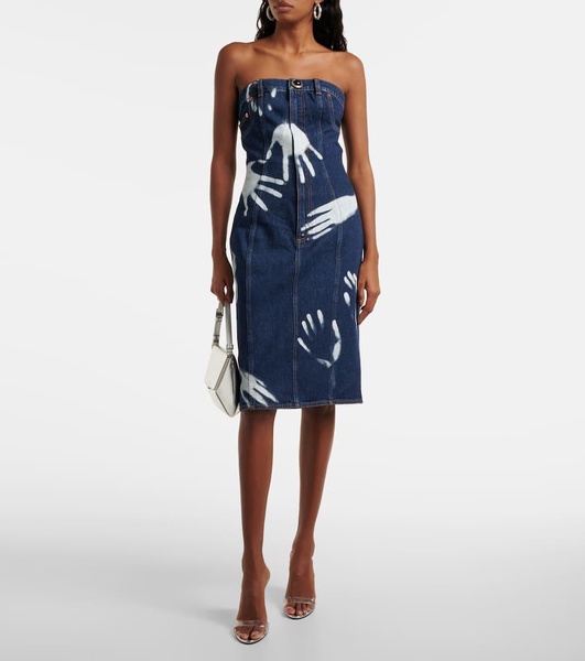 Printed strapless denim midi dress